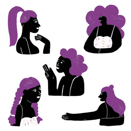 Set of abstract trendy creative girls illustration. Female portraits black color. Matisse style. Design for wallpaper, wall decor, print, cardbackground, social media, cover. vector illustration.のイラスト素材