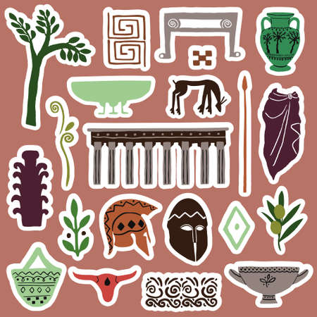 Modern Greek stickers with ancient vases, plants and sculptures. Trendy abstract antique texture. Colored flat vector illustration.のイラスト素材