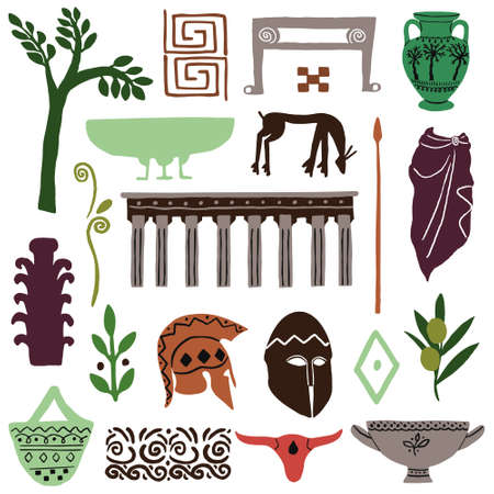 Modern Greek icons with ancient sculptures, plants. Trendy abstract antique texture. Colored flat vector illustration.のイラスト素材