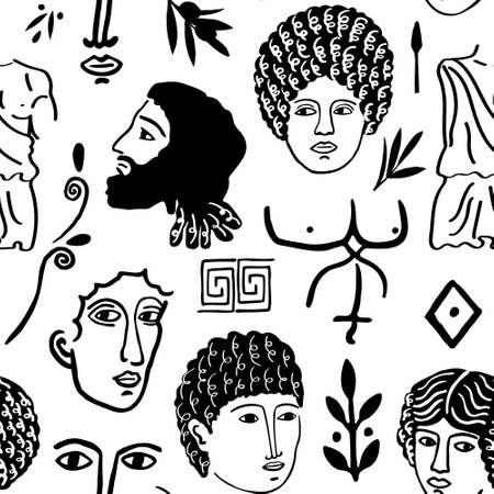 Modern Greek pattern with ancient portraits and faces. Endless background design with Greece concept repeating print. Trendy abstract antique texture. Black and white flat vector illustration.のイラスト素材
