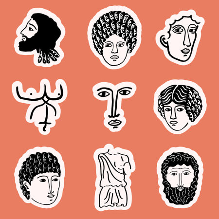 Modern Greek stickers with ancient portraits and faces. Trendy abstract antique texture. Black and white flat vector illustration.のイラスト素材