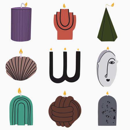 Scented candles color set. Modern aromatic decoration for cozy home interior. Candle Light collection. Flat vector illustrations isolated on white backgroundのイラスト素材