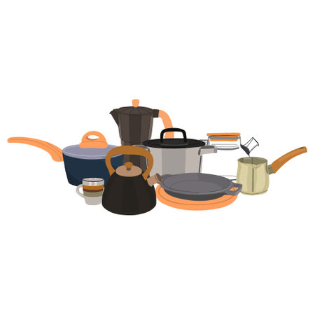 Collection with kitchen dishes vector illustration. Cooking tool, utensil for kitchen isolated on white background.のイラスト素材