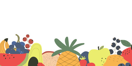 Healthy food concept. Colorful web banner with cute fruits and empty space. Colorful big collection with raw fruits. Flat vector illustration.のイラスト素材
