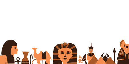 Web banner with Ancient Egypt ancient sculptures and hieroglyphs. Trendy abstract antique texture. Colored flat vector illustration.のイラスト素材