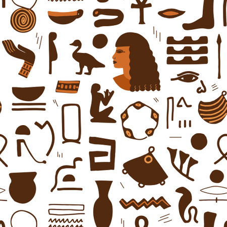 Seamless pattern with Ancient Egypt icons, ancient sculptures and hieroglyphs. Trendy abstract antique texture. Colored flat vector illustration.のイラスト素材