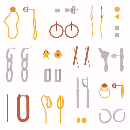 Collection with precious jewelry and bijouterie. Modern base gold and silver earrings. flat design vector illustrationのイラスト素材