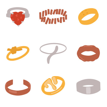 Collection with precious jewelry and bijouterie. Modern base gold and silver rings. flat design vector illustrationのイラスト素材