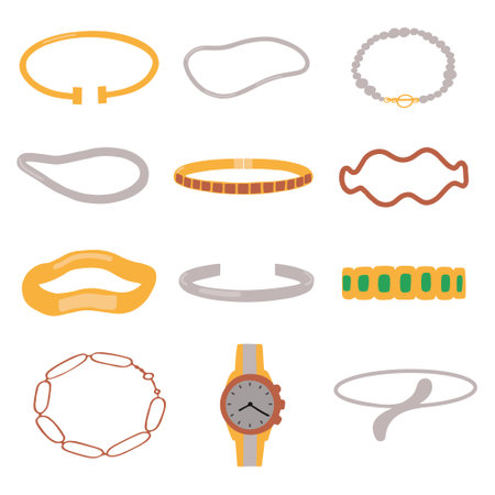 Collection with precious jewelry and bijouterie. Modern base gold and silver bracelets. flat design vector illustrationのイラスト素材