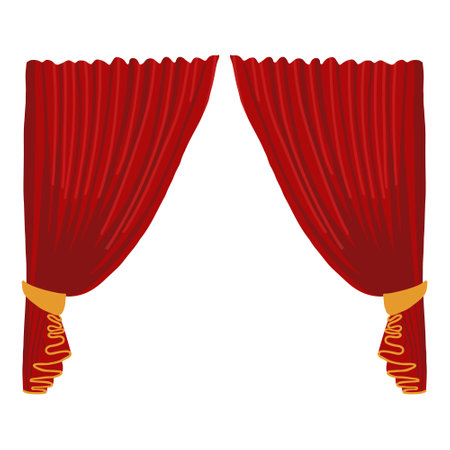 Theater background with open red velvet curtains in retro style and empty space. Vector illustration isolated on white background.のイラスト素材