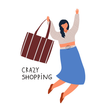 Stylish happy woman enjoy shopping. She holds a shopping bag and jumps. The concept of discounts and purchases. Flat vector design.のイラスト素材