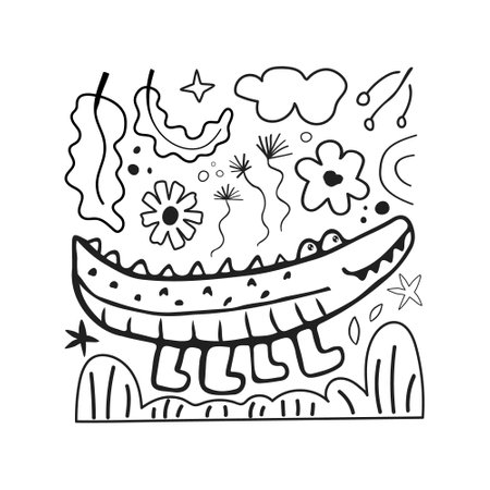 Cute card with kid scribble doodle. Hand drawn childish funny simple illustration. Crocodile, flowers and leaves children draw style designの写真素材