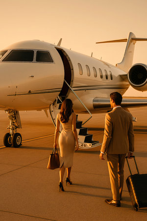 Elegant couple boarding a private jet at sunset. Businessman and woman with luggage walking towards luxury airplane on runway. Concept of wealth, success, luxury travel, and exclusive lifestyle.の素材