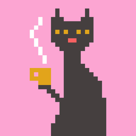 Pixel art illustration of a black cat holding a cup of hot coffee in retro 8-bit style. Cute pixelated character with steam, symbolizing cozy mood, relaxation, morning routine, and coffee break. Vectorのイラスト素材