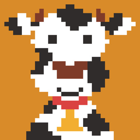 Pixel art vector illustration of a cute cow in retro 8-bit style. Pixelated character. Perfect for...