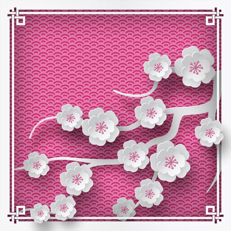 illustration of branch of cherry blossoms on pink background with oriental vintage pattern frame for chinese new year greeting card, paper cut out styleのイラスト素材