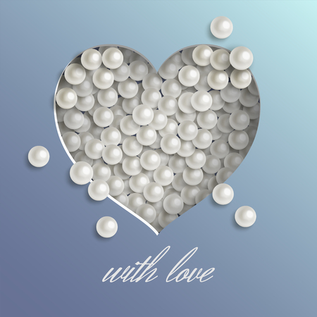 Pearl heart illustration on blue background  for valentines day or women day greeting card, paper cut out art style. Caption with loveのイラスト素材