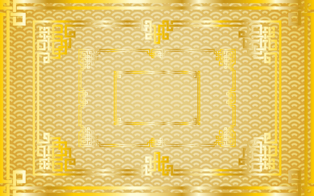 Set of traditional oriental chinese golden rectangle frames on pattern golden background for decoration. Vector illustration, layers are isolatedのイラスト素材