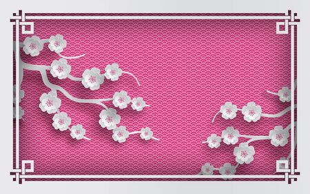 Floral background with oriental frame on pink pattern backdrop and cherry flowers for greeting card, paper cut out style. Vector illustration, layers are isolatedのイラスト素材