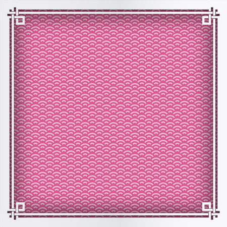 Chinese square frame on pink pattern oriental background for greeting card. Vector illustration, paper cut out art style. Layers are isolatedのイラスト素材