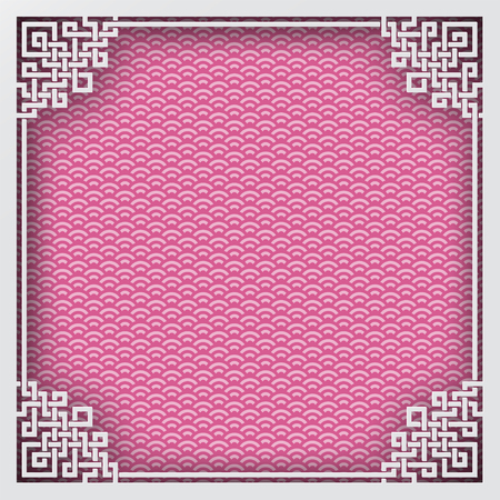Chinese square frame on pink pattern oriental background for greeting card. Vector illustration, paper cut out art style. Layers are isolatedのイラスト素材