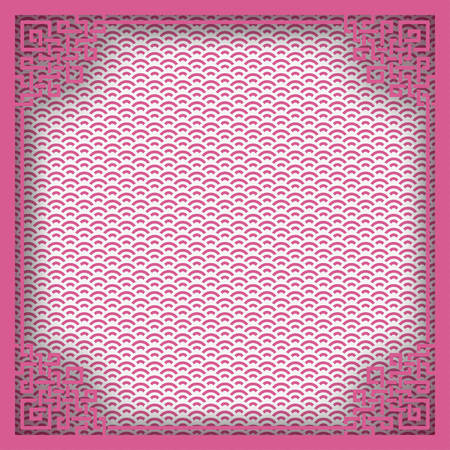 Chinese square frame on pink pattern oriental background for greeting card. Vector illustration, paper cut out art style. Layers are isolatedのイラスト素材