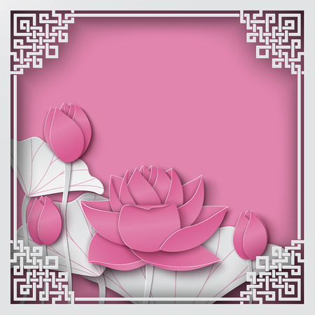 Artistic design of an abstract chinese square frame with floral pink background, lotus flowers, oriental pattern and space for title text. Vector illustration, paper cut out art style. Layers are isolatedのイラスト素材