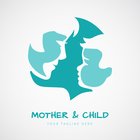 Mother with her baby stylized silhouettes for mother's day greeting card or logo of beautiful woman and child, vector illustration, all layers are isolatedのイラスト素材