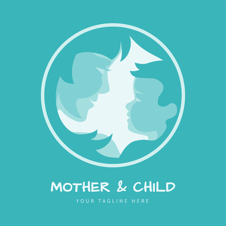 Mother with her baby stylized silhouettes in round frame for mother's day greeting card or logo of beautiful woman and child, vector illustration, all layers are isolatedのイラスト素材