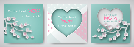 Set of green and pink greeting card for mother's day with congratulations text, cuted heart decorated cherry flowers, dotted background, paper cut out style. Vector illustration, layers are isolatedのイラスト素材
