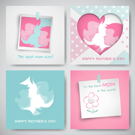 Set of green and pink greeting cards for mother's day. Women and baby silhouettes, congratulation text, cuted heart on dotted background, photo frame and sticker. Vector illustration, layers isolatedのイラスト素材