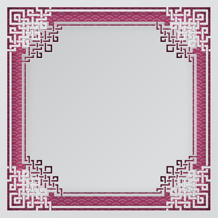 Oriental frame on pink pattern background for chinese new year greeting card, poster or banner, paper cut out style. Vector illustration, layers are isolatedのイラスト素材
