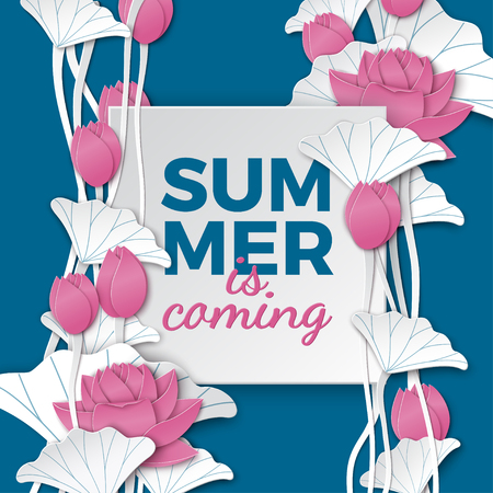 Summer square card with floral paper cut pink lotus flowers on blue backdrop for postcard, poster or banner.のイラスト素材