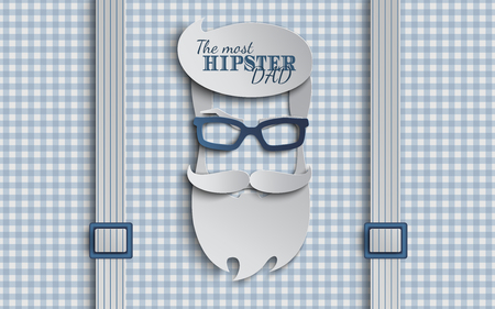 Happy Fathers Day card design for male event, banner or poster. Checkered blue background with suspenders, paper cut hipster men's face silhouette with beard, mustache, glasses. Vector illustrationのイラスト素材