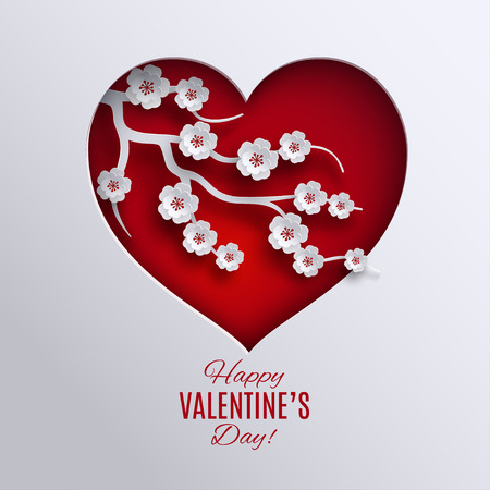 Valentine's day holiday design. Paper red heart decorated with cherry flowers branch tree cut out white background. Greeting card, poster, banner, paper cut out art style. Vector illustrationのイラスト素材