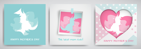 Set of green and pink greeting cards for mother's day. Women and baby silhouettes, congratulation text, cuted heart on dotted background, photo frame. Vector illustration, layers are isolatedのイラスト素材
