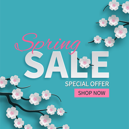 Spring sale floral banner with paper cut blooming pink cherry flowers on blue background. Vector illustration.のイラスト素材