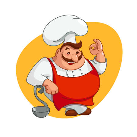 Chef illustration. Smiling man character on kitchen in chefs hat. Cooking tasty food, ok hand gesture sign, isolated on white background. Funny cute cartoon for menu, cook, flat style, vectorのイラスト素材