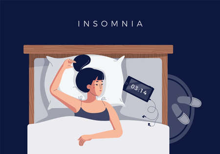 Sleepless girl suffers from insomnia, sleep disorder. Sad tired young woman lying in bed, trying to fall asleep. Blue light from smartphone screen. Character in flat cartoon style, vector illustrationのイラスト素材