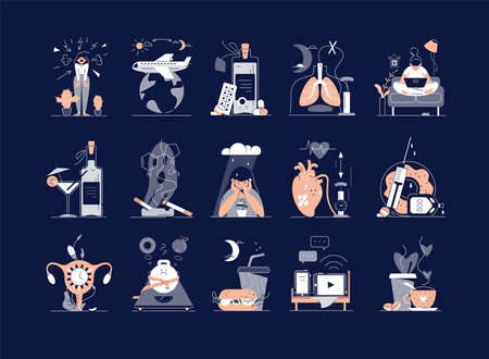 Causes of insomnia set. Stress, jet lag. Bad habits like electronic devices, sedentary lifestyle,...