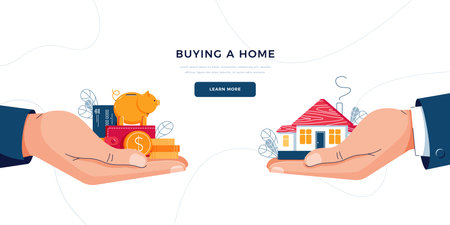 Buying a new home concept. Hands with a house and money. Deal sale, purchase of real property, mortgage loan, buy a home for web site, landing page, homepage. Modern flat design vector illustrationのイラスト素材