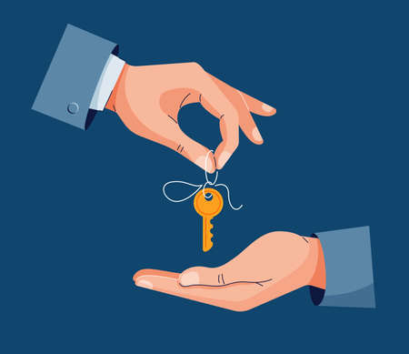 Home purchase deal vector illustration. Male hand giving house keys for property buying. Deal sale, property purchase, real estate agency, dealing house concept concept for banner. Flat cartoon designのイラスト素材