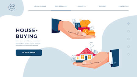 House-buying homepage template. Seller gives house to customer. Buyer brings money for home purchase dealing. Deal sale, mortgage, real estate property vector illustration. Modern flat cartoon designのイラスト素材