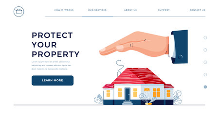 Protect your property homepage template. Male hand is covering house. Home safety security, real estate protection, Property insurance business service concept for web design. Flat vector illustrationのイラスト素材