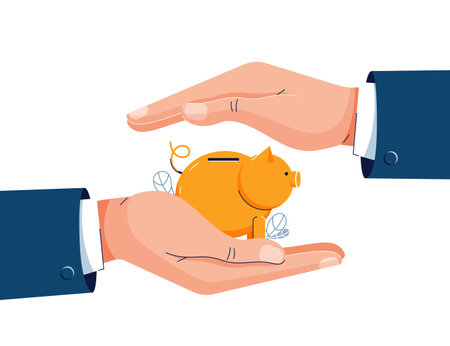 Savings protection vector illustration. Businessman is holding hand over the piggy bank to protect. Money protection, financial saving insurance, cash secure concept for banner. Flat cartoon designのイラスト素材