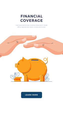 Financial coverage banner. Insurance agent is holding hand over the piggy bank. Money protection, financial saving insurance, deposit banking coverage trust savings concept. Flat vector illustrationのイラスト素材