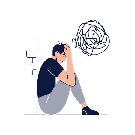 Anxiety concept. Frustrated stressed man with nervous problem feels anxiety, closing face. Mental disorders, psychological diseases concept for banner, web, emailing. Flat design vector illustrationのイラスト素材
