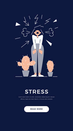 Stress, depression, bad mood, High stress level banner. Screaming angry woman is under the stress. Psychology, pressure, panic, mental disorders concept for website design.Flat vector illustrationのイラスト素材
