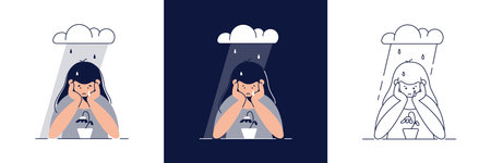 Depression vector illustration set. Sad, unhappy young woman is in a state of depression, feels sadness. Melancholy, mental disorder, sorrow, depression, despair, grief concepts collection. Flat styleのイラスト素材