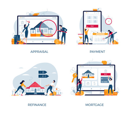 Mortgage banners set. House-buying, mortgage refinancing, monthly payment, real estate appraisal. Property purchase, loan refinance concepts collection for web design.Modern flat vector illustrationのイラスト素材